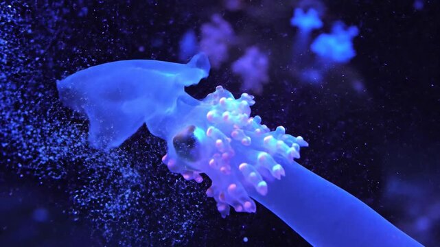 Bioluminescent Jellyfish Emitting Soft Blue and Pink Light in Dark Waters
