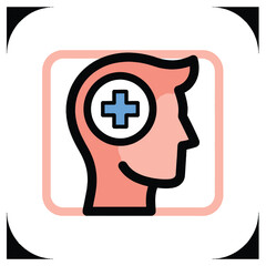 Obraz premium Modern vector icon illustrating mental health and psychological well-being, a human head profile with a medical cross symbolizing care, therapy, and cognitive support