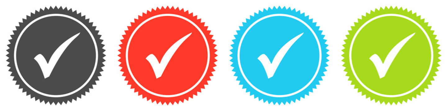 Icons auf 4 Buttons mit Zacken zeigen Check, Best&auml;tigung oder H&auml;kchen