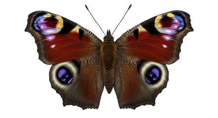 Isolated Peacock butterfly wings open, detailed, bright colors, with eyespots on wings © Ari