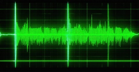 Fototapeta premium Green waveform display. Oscilloscope screen shows signal fluctuations, rhythmic patterns, data visualization. Technology, sound, energy representation.