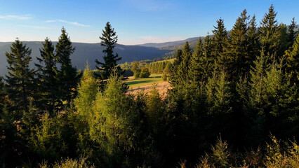 Beautiful morning landscape in the Appalachian Mountains of North Carolina, USA. The Grand Smoky Mountains in autumn. Drone view.