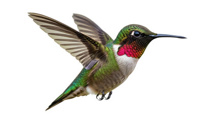 Isolated Ruby-throated Hummingbird flying, vibrant colorful bird hovering, wings spread, nature, ornithology © Ari