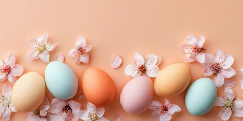 Happy Easter concept. Spring Flowers and Easter Eggs composition isolated on trendy peach beige background. Simple minimalism. Flat lay, top view, copy space. Horizontal Banner. Poster, mock up design