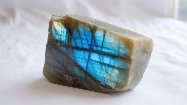 Unpolished Labradorite Gemstone Showing Vibrant Blue Iridescent Flash on White Cloth