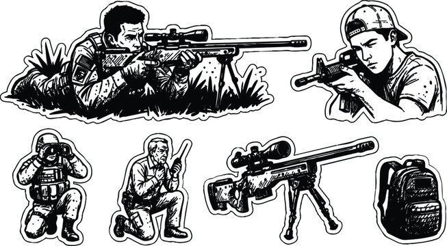 Tattoo flash sniper prone aiming with scope and soldier spotting teammates tactical gear backpack sketch sticker black white line art