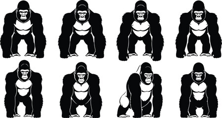 Gorilla, silhouette, animal, wildlife, primate, ape, strong, powerful, nature, zoo, silverback, forest, jungle, flavector, vector, illustration, collection, set, mascot, character, © Foredul