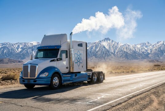 European style hydrogen fuel cell delivery truck driving on highway with snowy mountains