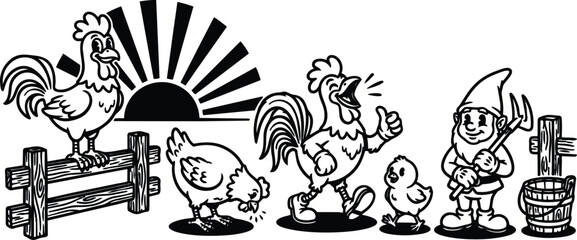 Retro cartoon line art rooster crowing on fence hen pecking chick following gnome farmer with pitchfork sunrise farm scene cheerful