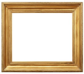 A close-up of a decorative, rectangular, gold-colored picture frame against a white background