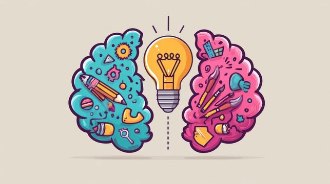 Creative and analytical thinking concept with brain and lightbulb illustration