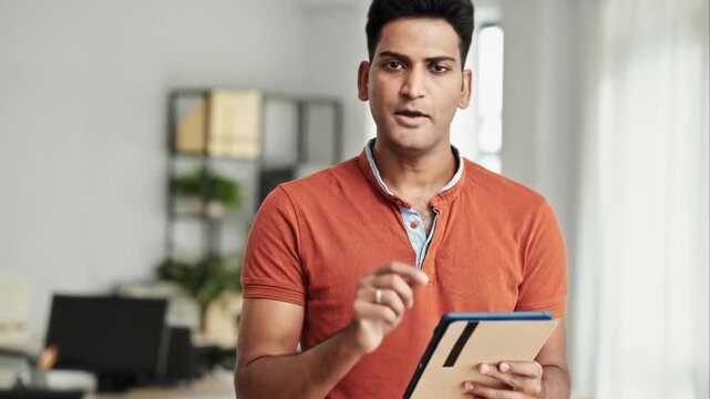 Medium shot of Indian young man holding tablet while giving speech and breaking into light smile, he in modern office, looking into camera and gesticulating in air