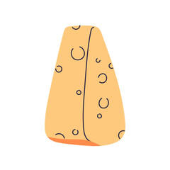 Swiss cheese, triangle shape, cut wedge piece. Emmental bar, chunk with holes, eyes. Holland snack. Chees block. Dairy food product. Flat vector illustration isolated on white background