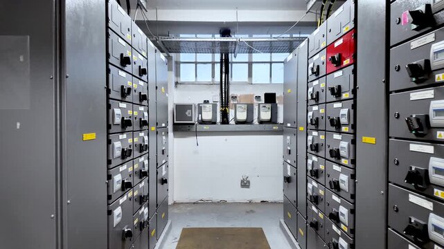 Electrical infrastructure concept showing electrical substation equipment in an office basement Rows of gray metal electrical panels and switchgear with meters and controls.