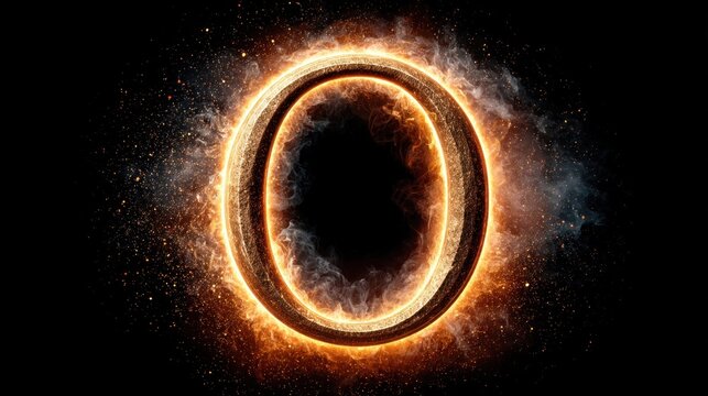 Fiery letter O engulfed in flames and glowing embers against a dark background