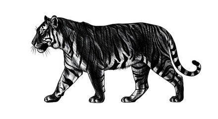 Obraz premium Vintage Tiger Illustration: Majestic Animal Walking, Wild Creature Portrait, Black and White Sketch Art
