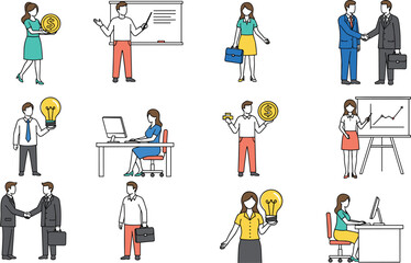 Naklejka premium Business People and Office Work Vector Set with Presentation, Handshake, Idea Lightbulb, Meeting, Finance, Career Growth, and Corporate Illustration