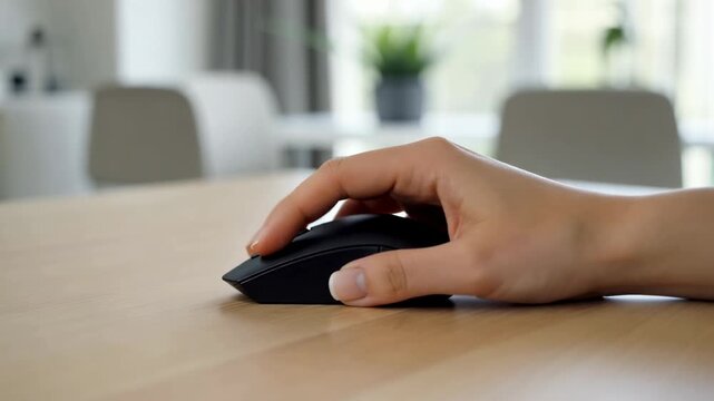 Person using a wireless computer mouse on desk in bright room for office work or home office tasks