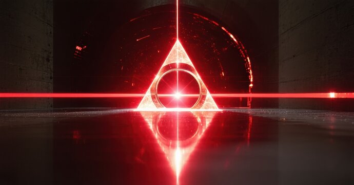 Red triangle glows within dark concrete space. Reflections mirror light, creating futuristic visual. Minimalist design emphasizes symmetry.