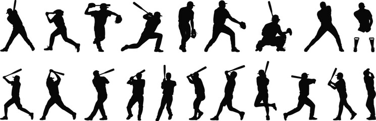 Obraz premium Large collection of black silhouettes featuring male and female baseball players batting pitching and catching in active sports poses isolated on white background for design