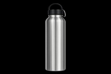 A stainless steel water bottle is centered against a dark, textured background.
