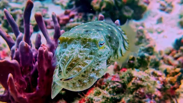 Extreme macro close up of a broadclub cuttlefish displaying detailed skin texture and natural camouflage on a tropical coral reef in Bali, Indonesia.