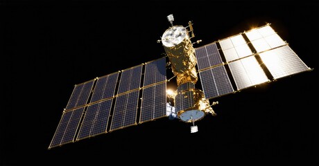 Fototapeta premium Satellite orbits Earth. Golden body connects to large solar panels. Bright light reflects off surfaces, contrasting dark space.