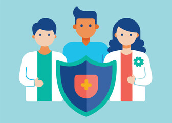 Fototapeta premium A group of medical professionals and patients stands together holding a shield with a medical cross, symbolizing health protection.
