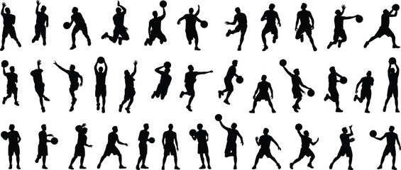 Large collection of black silhouettes featuring male basketball players jumping dunking dribbling and shooting the ball in various active sports poses isolated on white background © Puspo