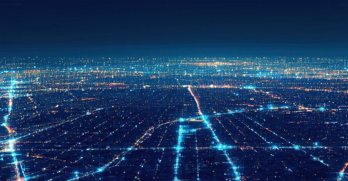 Night cityscape glows with vibrant blue network. Lights connect distant points, creating futuristic impression. Dense urban sprawl visible.
