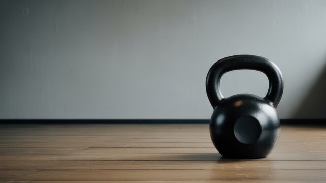 Black iron kettlebell on a wooden gym floor against a minimalist grey wall