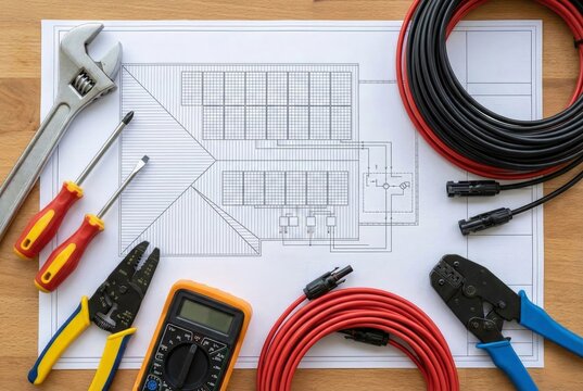 Photovoltaic system installation equipment and wiring plan on wooden workspace desk