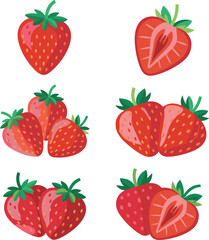 Strawberry illustration collection with whole berries and sliced fruit variations