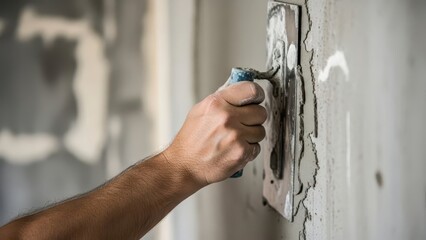 A person is plastering a wall with a trowel, applying a layer of plaster in a construction site environment, viewed close-up.