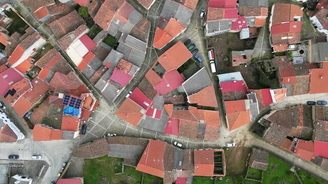 Top down aerial drone view of rural landscape in Extremadura, Spain. Geometric patterns of land and natural surroundings seen from above.