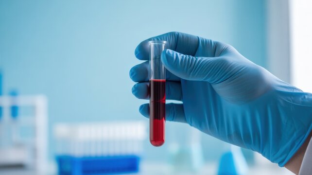 Close up of a Scientist Hand in Blue Glove Holding a Test Tube with Blood Sample for Laboratory Analysis