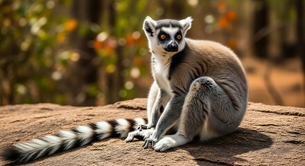 Fototapeta premium A ring-tailed lemur sitting on a rock in a natural setting, celebrating world wildlife day with a serene mood and warm tones