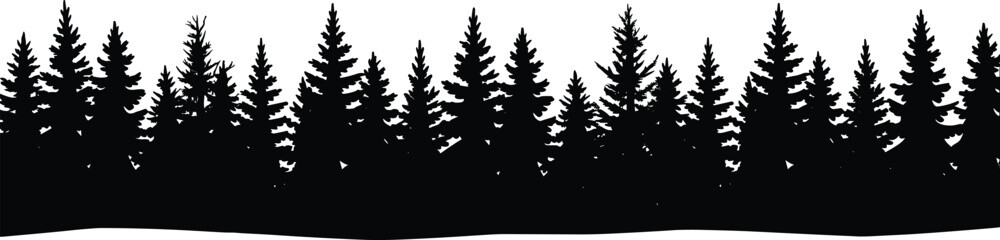 Obraz premium Dense Pine Forest Silhouette Landscape with Evergreen Tree Line and Woodland Horizon Vector Illustration Minimalist Nature Background Banner Scenic Wilderness Skyline Design
