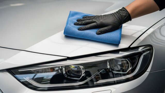 A person wearing black gloves cleaning a white car's hood with a blue microfiber cloth near the headlight
