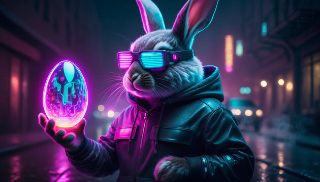 Cyber-Osterhase mit LED-Brille und leuchtendem Neon-Ei