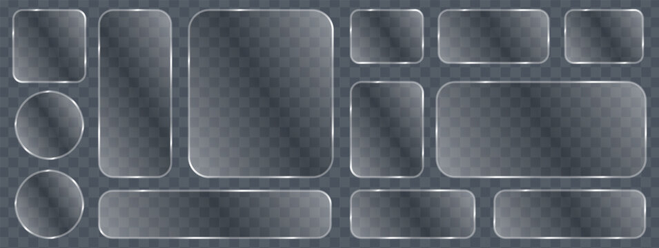 Liquid glass button interface, light frame banner set, glowing light PNG tech glass set, futuristic board panels mobile, web frame vector.
