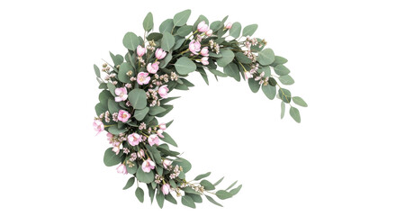 Isolated elegant floral arc arrangement with light pink blooms and green eucalyptus leaves © Thaddeus
