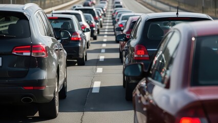 Multiple cars stopped in heavy highway traffic viewed from rear at low angle with illuminated brake lights and blurred background