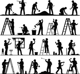 Construction worker silhouettes performing repair, painting, drilling and ladder work activities