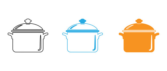 Three stylized pots with different colors and lid designs displayed side by side isolated on transparent background, Vector