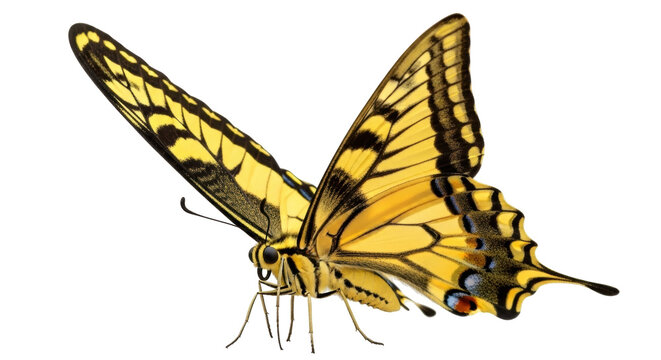 Isolated eastern tiger swallowtail butterfly, Papilio glaucus, with open wings, view from the side