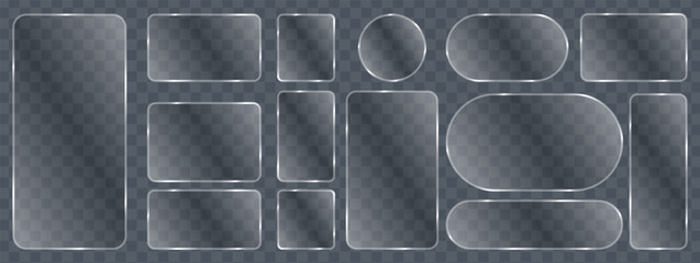 Fototapeta premium Liquid glass button interface, light frame banner set, tech glow light glass banner PNG, futuristic panels mobile app, web vector frames.