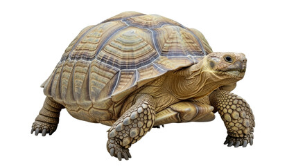 Fototapeta premium Isolated African spurred tortoise, land reptile, turtle with distinctive shell pattern