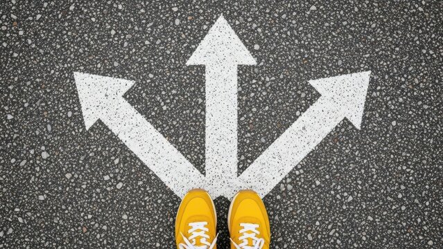 A person standing on a road with three white arrows pointing in different directions, wearing yellow shoes and standing at a crossroads, viewed from directly above at a decision point