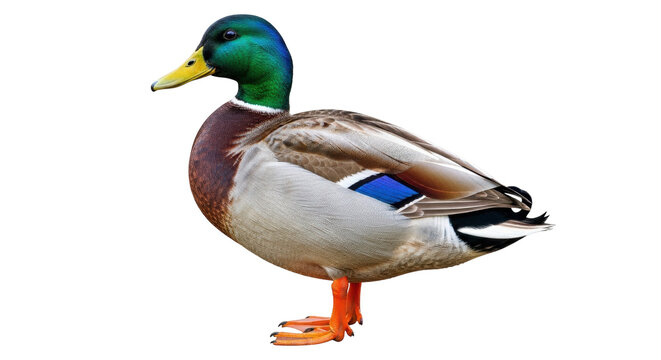 Isolated mallard duck standing, with green head, detailed feathers, and orange feet, wildlife